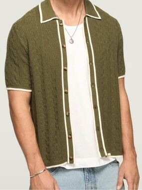 Lucky Brand Tipped Short Sleeved Button Down Collared Cardigan Size XL Olive